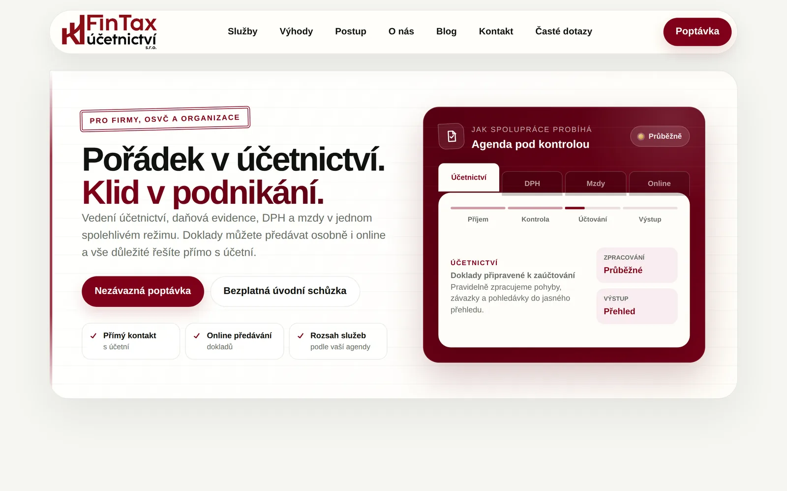 Domovská stránka kkfintax.cz — nabídka vedení účetnictví, daňové evidence a mezd s tlačítky Nezávazná poptávka a Bezplatná úvodní schůzka